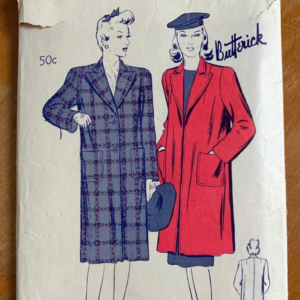 Vintage 1940s Sewing Pattern, Bust 34" Womens Box Coat, Square Shoulder Casual Coat in Two Lengths, Butterick 2538