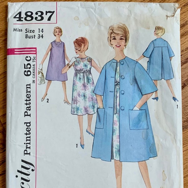 Vintage 1950s 60s Sewing Pattern, b34" Maternity Day Dress and Coat, Simplicity 4837