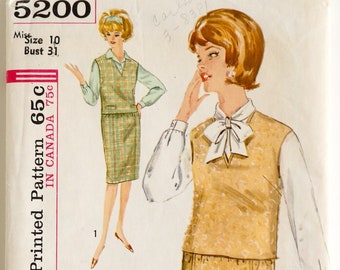 Vintage 1960s Sewing Pattern, Bust 31" About Town Womens Separates, Slim Skirt Blouse Pullover Vest, Simplicity 5200 UNCUT