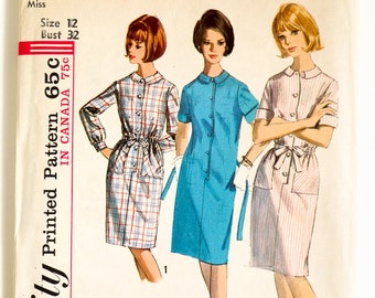 Vintage 1960s Sewing Pattern, b32" Womens Shirt Dress, Tall Regular Petite Proportioned Sizes, Simplicity 5878 UNCUT