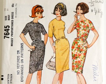 Vintage 1960s Sewing Pattern, b31" Womens One Piece Dress Petite Tall Proportioned Size, McCalls 7645