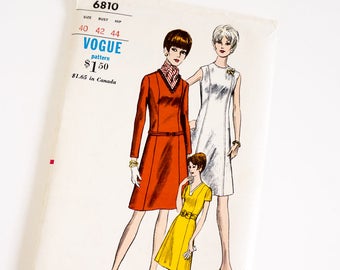 HTF Vintage 1960s Womens Size 40 A-Line Dress Vogue Sewing Pattern 6810 FACTORY Folds / b42 w34 / Sleeve Neckline Options, Optional Belt