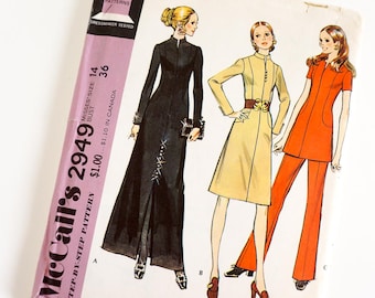 Vintage 1970s Womens Size 14 Dress or Tunic and Pants McCalls Sewing Pattern 2949 FACTORY Folds / b36 w27