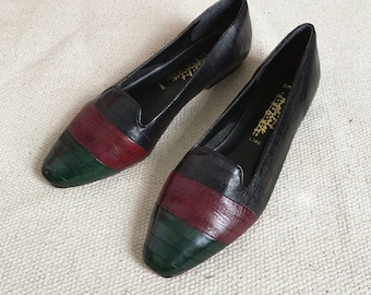 Vintage 1980s 90s Womens Shoes Approx Size 8, Color Block Leather Loafers VGC
