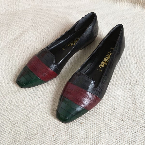 Vintage 1980s 90s Womens Shoes Approx Size 8, Color Block Leather Loafers VGC