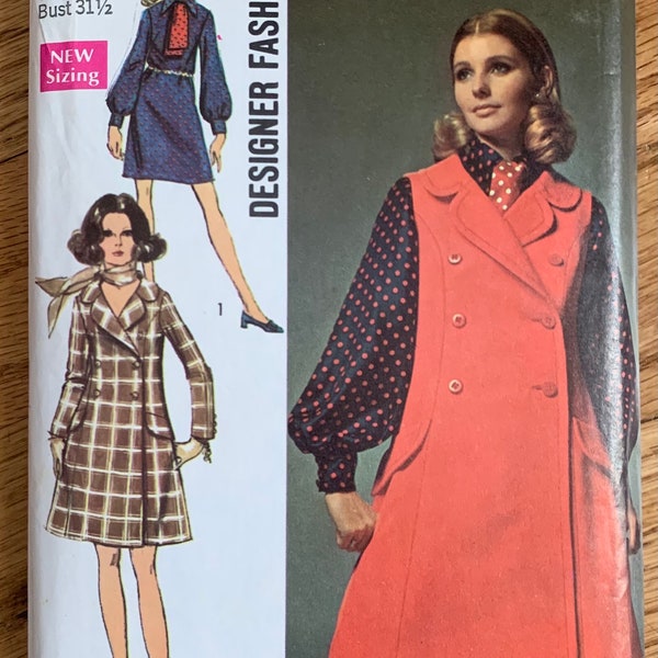 Womens Mod Jumper or Coatdress and Bishop Sleeve Dress with Ascot b31.5" Simplicity 8392 FF, Vintage 1960s Sewing Pattern