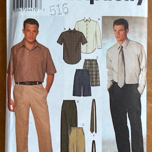 May include: Simplicity pattern 9469 features men's clothing designs. The image shows a man wearing a short-sleeved shirt and pants. Other designs include a short-sleeved plaid shirt, long-sleeved shirt, shorts, pants, and ties. The pattern number is 9469.
