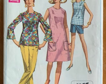 Vintage 1960s Sewing Pattern, b38" Womens A Line Dress or Overblouse w/ Straight Leg Pants or Shorts, Simplicity 7599 UNCUT