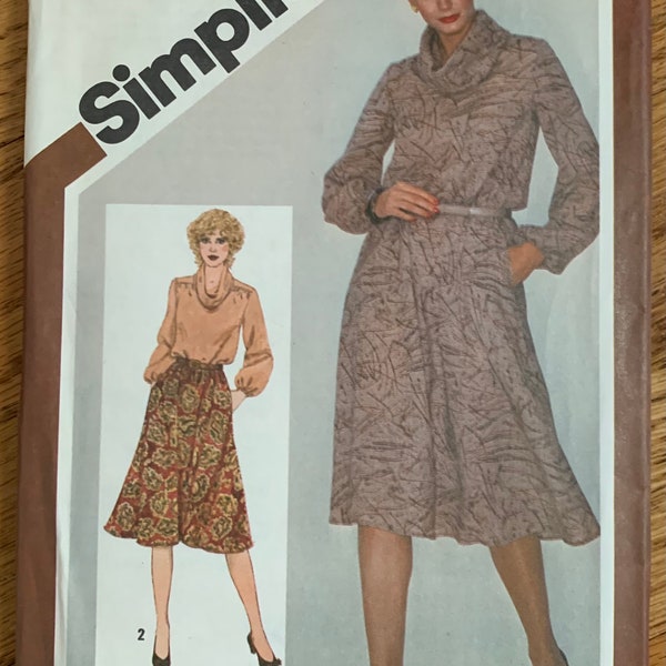 b34" Womens Blouson Pullover Dress or Cowl Neck Top and Flared Skirt Petite-able Simplicity 9777 FF, Vintage 1980s Sewing Pattern