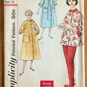 May include: Vintage Simplicity sewing pattern featuring illustrations of three different coat designs. The pattern includes a size 12 and bust 32 measurements. The cover is a cream color with the text "Simple to make" in a red box.