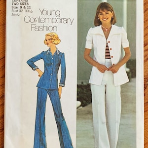 May include: Simplicity sewing pattern number 6892 for a young contemporary fashion design. The pattern includes two sizes, 9 and 11, with a bust measurement of 32 to 33 1/2 inches. The pattern features a white jacket with a collar and short sleeves, and a pair of blue pants with a wide leg.