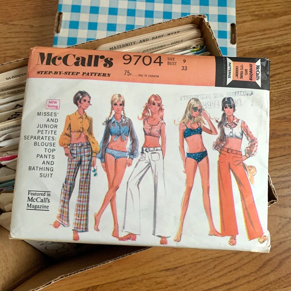 Womens Cropped Top Wide Leg Pants and Two Piece Swimsuit b33" Junior Petite McCalls 9704, Vintage 1960s Sewing Pattern