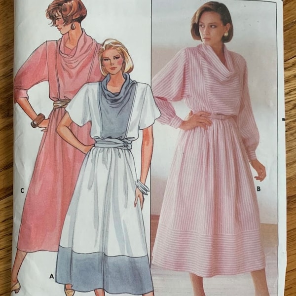 Womens Midi Length Loose Dress Draped Collar b31.5-34" Butterick 3055 FF, Vintage 1980s Sewing Pattern