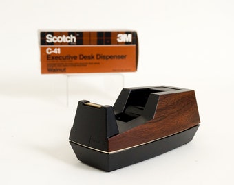 Vintage 1970s Scotch 3M Executive Desk Tape Dispencer NOS Walnut Faux Bois Brown Black Built-In Drum High Impact Construction Office Supply