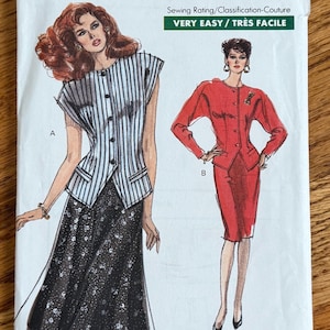 May include: A Very Easy Very Vogue sewing pattern envelope 7494 for sizes 8-10-12. The illustration shows two outfits: a striped vest with a dark floral skirt, and a solid red long-sleeved jacket with a matching red skirt. The text includes the pattern number.