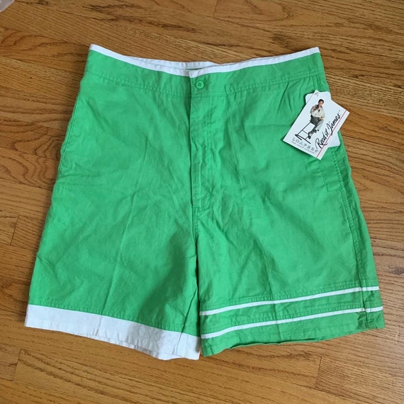 w36 Vintage 1980s Mens Shorts, Lime Green Ramie a… - image 1