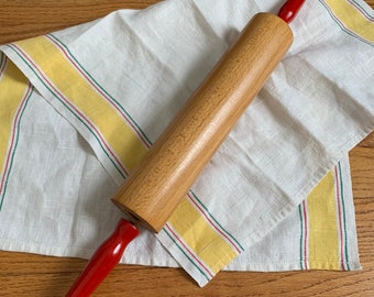 Vintage Wood Rolling Pin w/ Red Wooden Handles EXC