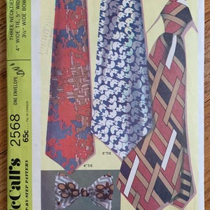May include: A sewing pattern for three neckties, one 4 inches wide, one 5 inches wide, and one 3 1/2 inches wide bow tie. The pattern includes step-by-step instructions and is from McCall's pattern number 2568.