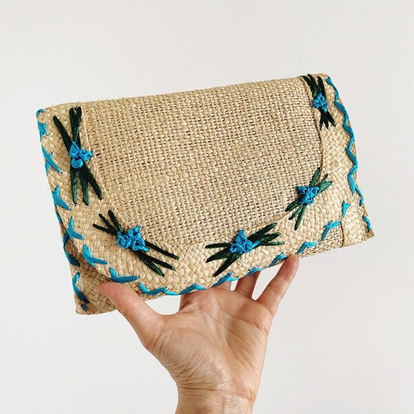 Vintage Purse, Woven Jute Clutch w/ Raffia Embroidery, Resort Style Handbag