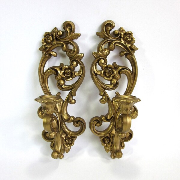 Reduced // Mad Men Era Ornate Gold Wall Candle Sconces