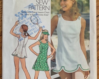 Vintage 1970s Womens Sewing Pattern, b32.5" Sundress Tennis Dress Panties and Visor, Simplicity 5572 UNCUT