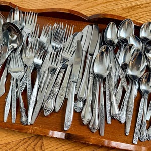 Mismatched Vintage Floral Stainless Flatware Set - 73 Pieces, Service for 12 with Serving Utensils