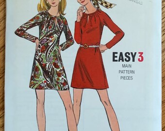 b36" Womens A Line One Piece Dress, Butterick 5808 FF, Vintage 1970s Sewing Pattern