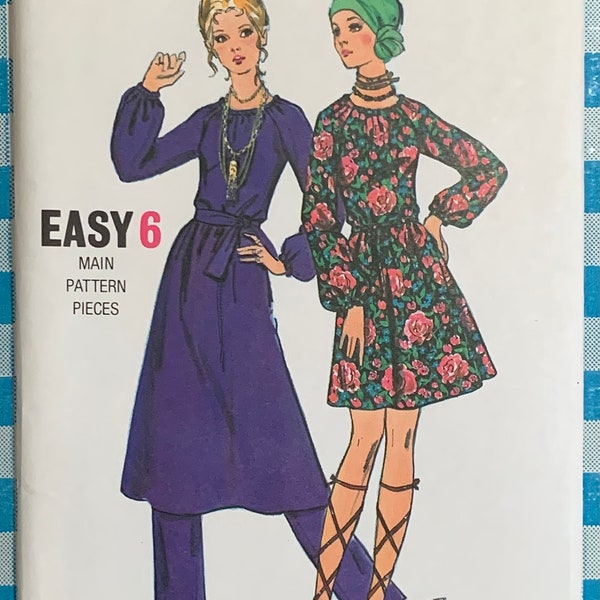 Vintage 1970s Sewing Pattern, b38" Womens Dress in Two Lengths and Pants, Butterick 5859 Complete