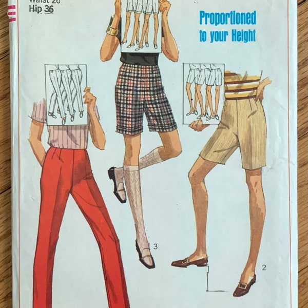 Vintage 1960s Sewing Pattern, w26" Womens Slim Pants or Shorts Proportioned Length, Simplicity #7351