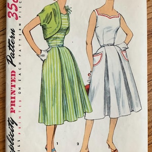 Vintage 1950s Simplicity 1621 Women's Fit and Flare Dress with Bolero Jacket Sewing Pattern UNCUT (bust 36)