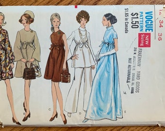 Vintage 1960s Sewing Pattern, b34" Maternity Day Dress Evening Gown Tunic Top Wide Leg Pants, Vogue 7632 UNCUT