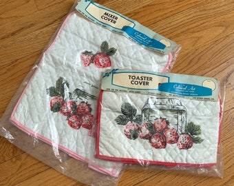 Vintage 1950s 60s Toaster Cover and Mixer Cover Set NOS Quilted Strawberry Print
