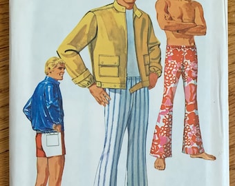 Mens Bell Bottom Pants or Shorts and Unlined Jacket c42" w38" Simplicity 8207 FF, Vintage 1960s Sewing Pattern