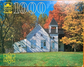 Vintage 1990s Jigsaw Puzzle, Golden Guild Jigsaw Puzzle 1000 Piece Puzzle SEALED Fall Trees Indiana Old Church Scene