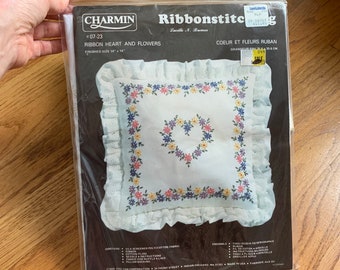 Vintage 1980s Decorative Pillow Embroidery Kit NOS Charmin Ribbonstitching , Ribbon Heart and Flowers 14x14"