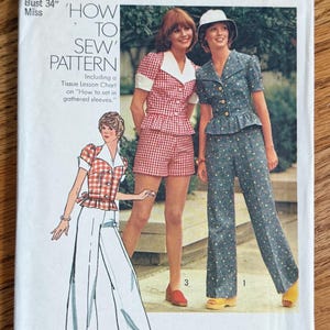 May include: Simplicity sewing pattern featuring three vintage outfits: a red gingham shorts set, a blue floral pantsuit, and a white pantsuit. The pattern includes instructions for a size 12, with a 34-inch bust. The cover also includes the text "How to Sew Pattern".