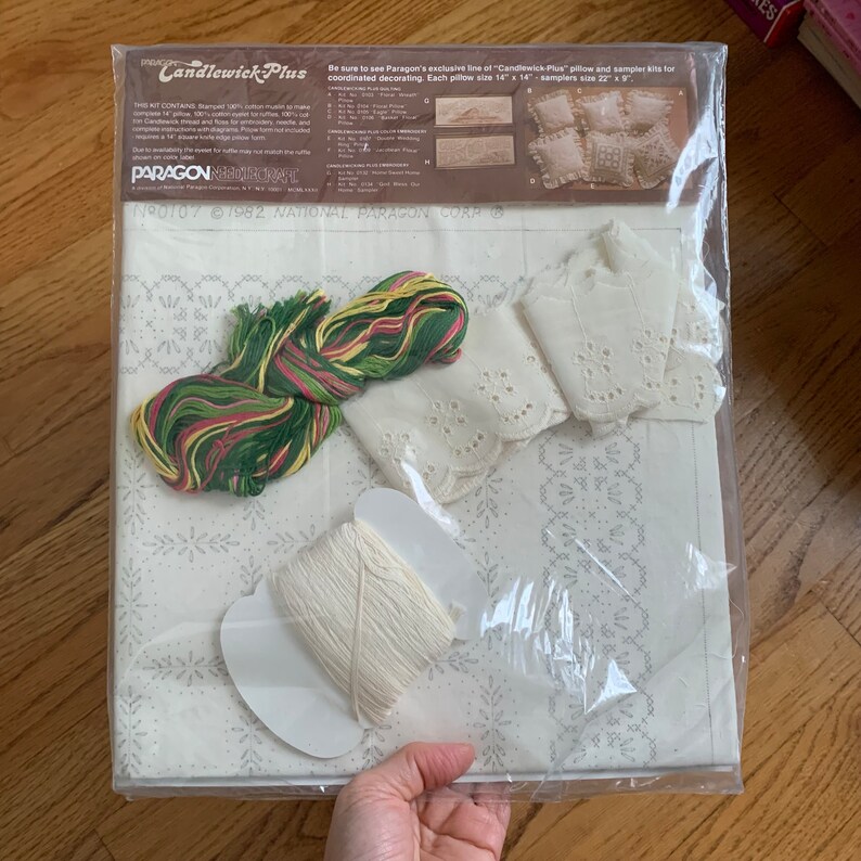 Vintage 1980s Pillow Embroidery Kit, Double Wedding Ring Paragon