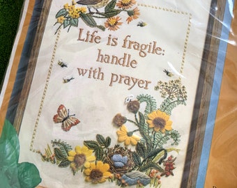 Vintage 1980s Creative Circle Life Is Fragile Handle With Prayer 18x24" Crewel Embroidery Kit NOS