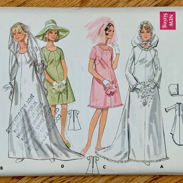 b31.5" Womens Mod Wedding Dress with Veil and Bonnet or Bridesmaid Dress Butterick 5131 FF, Vintage 1960s Sewing Pattern