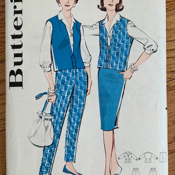 Womens Casual Coordinates Blouse Chemette Tapered Pants and Slim Skirt b34" Butterick 8987, Vintage 1950s Sewing Pattern