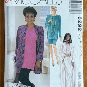 May include: Easy McCall's sewing pattern 6292, size G (20, 22, 24). The package features a photograph of a person wearing a long, patterned purple and blue jacket over a solid pink tunic and black leggings, alongside illustrations of two other outfits.