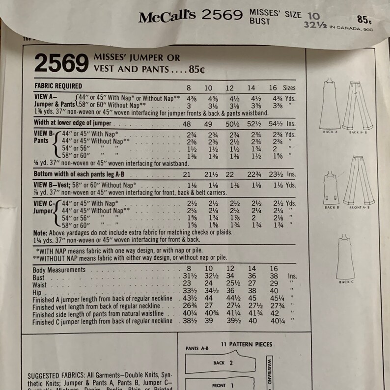 K&ouml;nnte beinhalten: Ein Schnittmuster f&uuml;r einen Pullover oder eine Weste und eine Hose. Das Schnittmuster enth&auml;lt Anweisungen f&uuml;r die Gr&ouml;&szlig;en 8 bis 16. Das Schnittmuster ist f&uuml;r McCall's 2569.