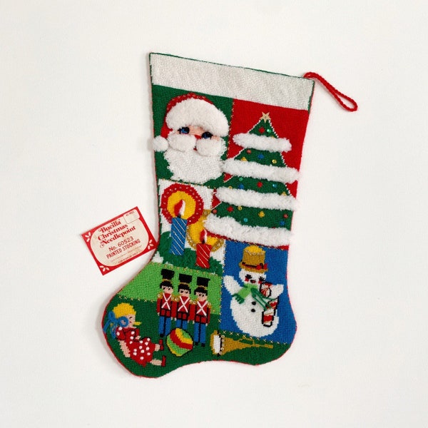 Vintage 1960s Christmas Stocking, Bucilla Needlepoint Hand Embroidered Felt Stocking, Fireplace Mantle Decoration