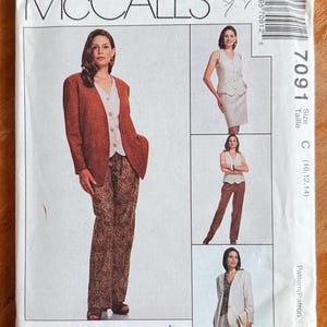 May include: McCall's sewing pattern 7091 for a wardrobe set including a blazer, vest, and trousers. The envelope displays illustrations of a blazer, a button-front vest, and trousers in various fabric combinations, with size C (10, 12, 14) listed.