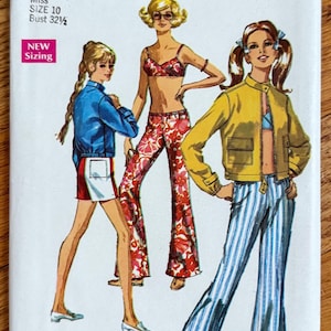 May include: Simplicity sewing pattern featuring illustrations of three figures in 1970s-style clothing. The pattern includes a blue jacket, red and white shorts, floral print pants, and a yellow jacket with striped pants. The text "8206 Simplicity" is at the top.