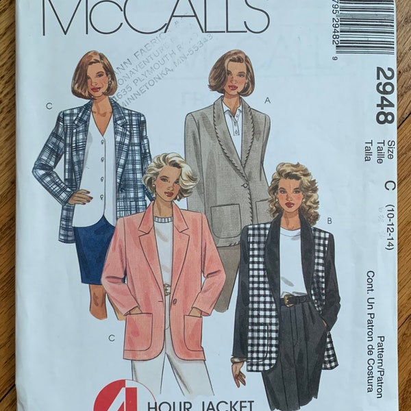 Vintage Y2K Womens Sewing Pattern, b32.5-36" Lined or Unlined Jackets, McCalls 2948 FF