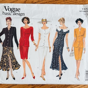 May include: A Vogue Basic Design sewing pattern envelope, number 1173, featuring illustrations of five different outfits including jackets and skirts in black, red, white, navy floral, and yellow. The text includes Vogue basic design and 1173.