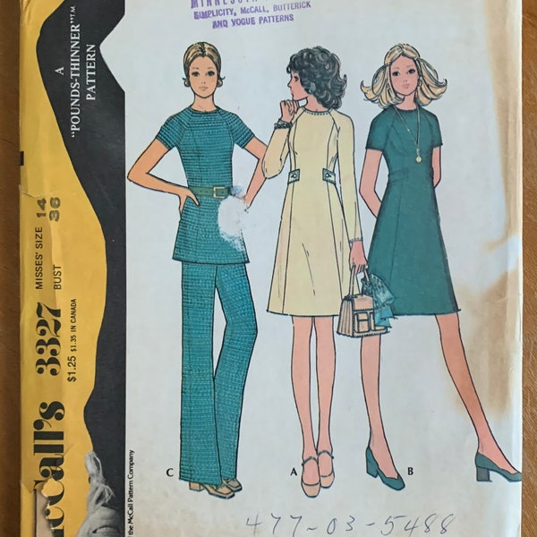 Vintage 1970s Womens Sewing Pattern, b36" Dress or Top and Wide Leg Pants, McCalls 3327 FF