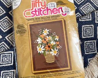 Vintage 1970s Needlepoint Kit, Sunset Designs Jiffy Stitchery White Yellow Daisies 5x7" DEADSTOCK