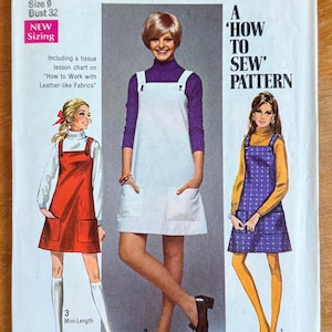 May include: Vintage Simplicity sewing pattern 8413, featuring a 'How to Sew' pattern for junior size 9 with a 32-inch bust. The cover showcases three mini-length dress designs. Includes a lesson chart on working with leather-like fabrics.